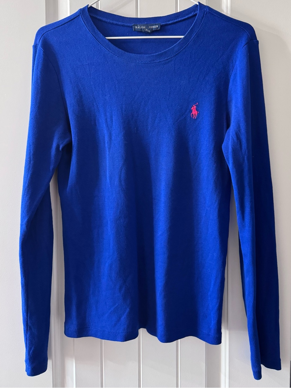 Ralph Lauren Women’s Cobalt Blue Crewneck Sweater with Pink Pony